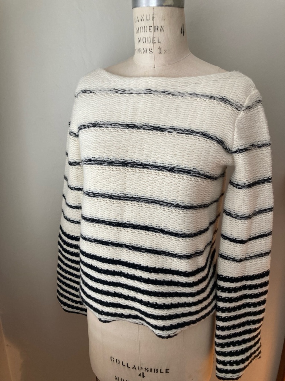 Theory Bateau Neck Striped Knit Sweater in Cream and Black, Wool & Cashmere